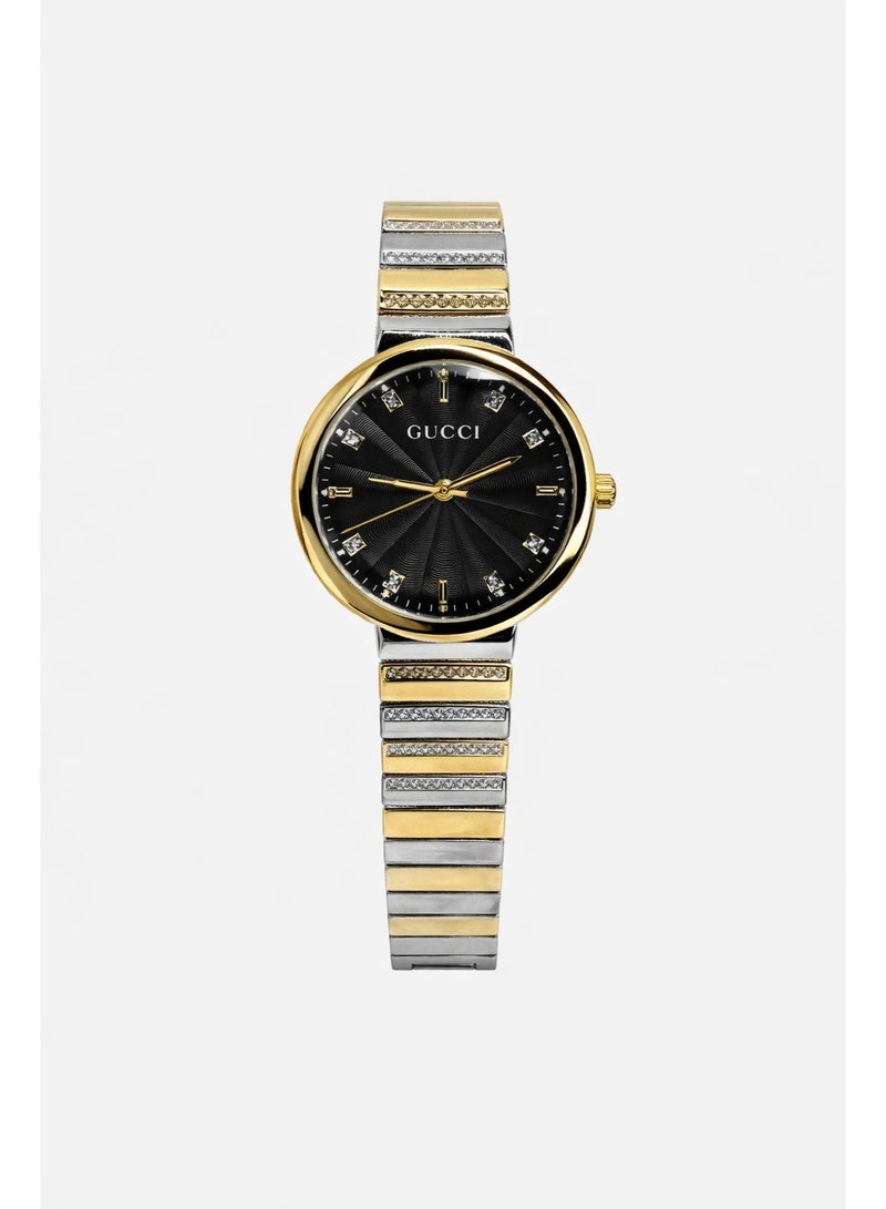 GUCCI Luxury Women’s Analog Wrist Watch – Two-Tone Stainless Steel Bracelet with Black Dial & Crystal Markers - Image 1